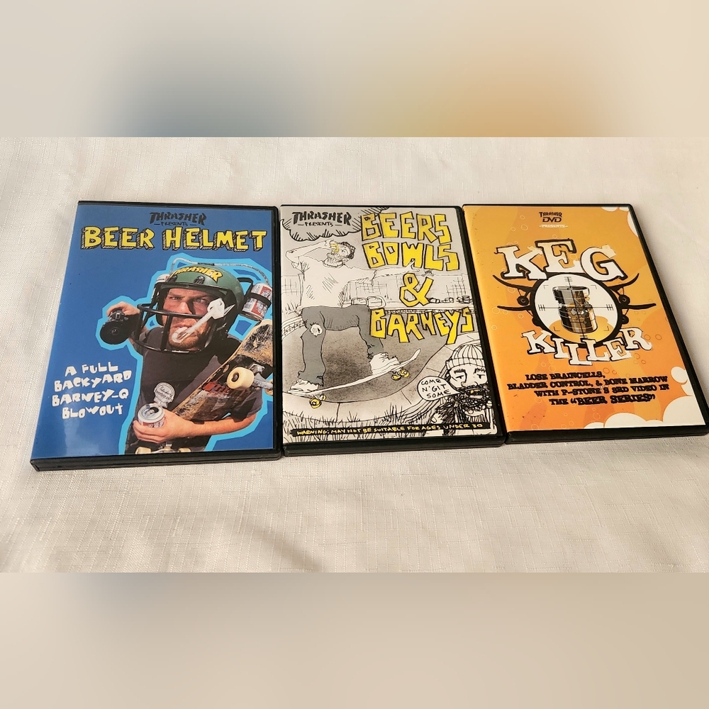 Thrasher 3 DVD Movie Lot present Beer Helmet, Beers Bowls and Barneys Keg Killer